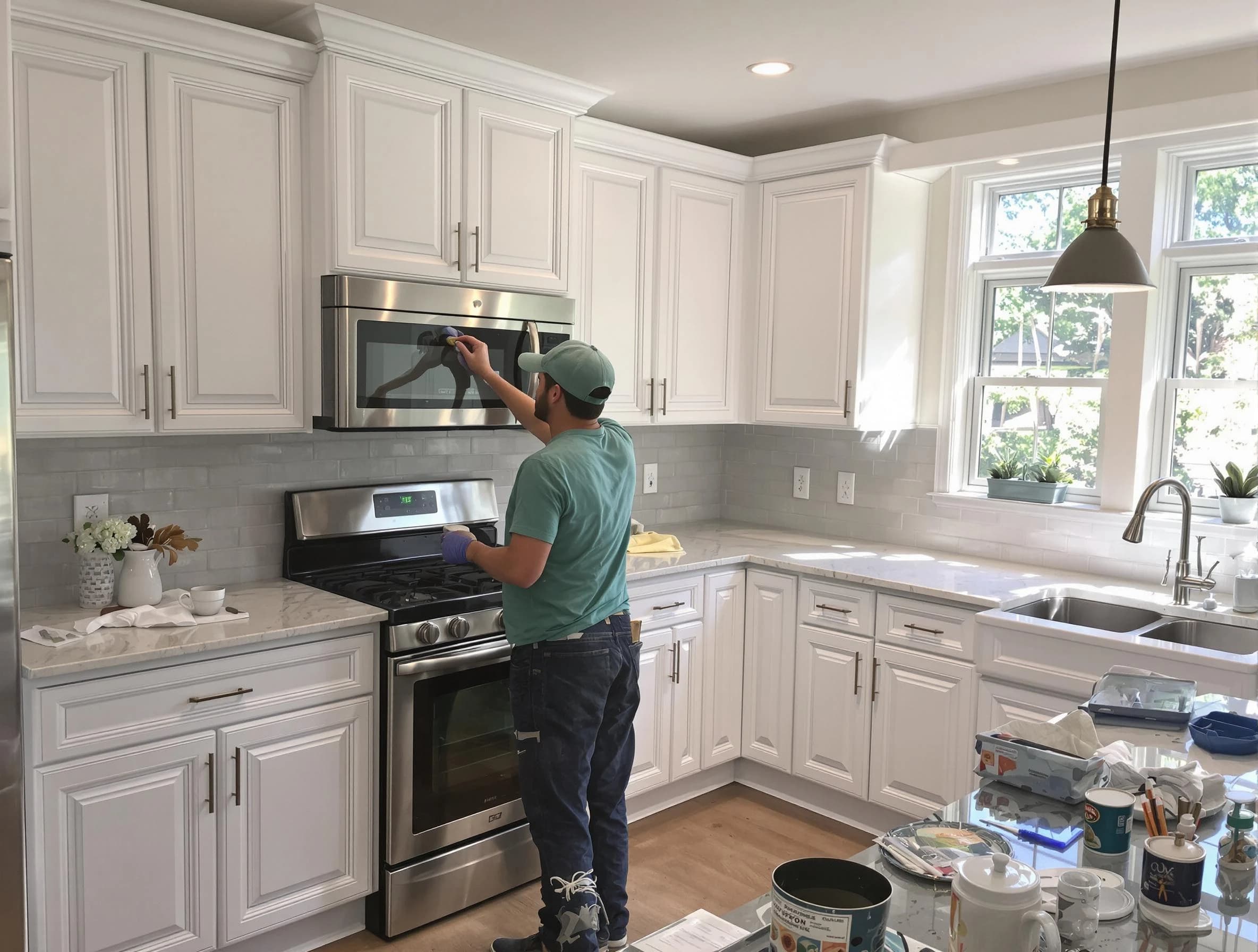 Kitchen cabinets being refinished by Sun Lakes House Painters in Sun Lakes, AZ